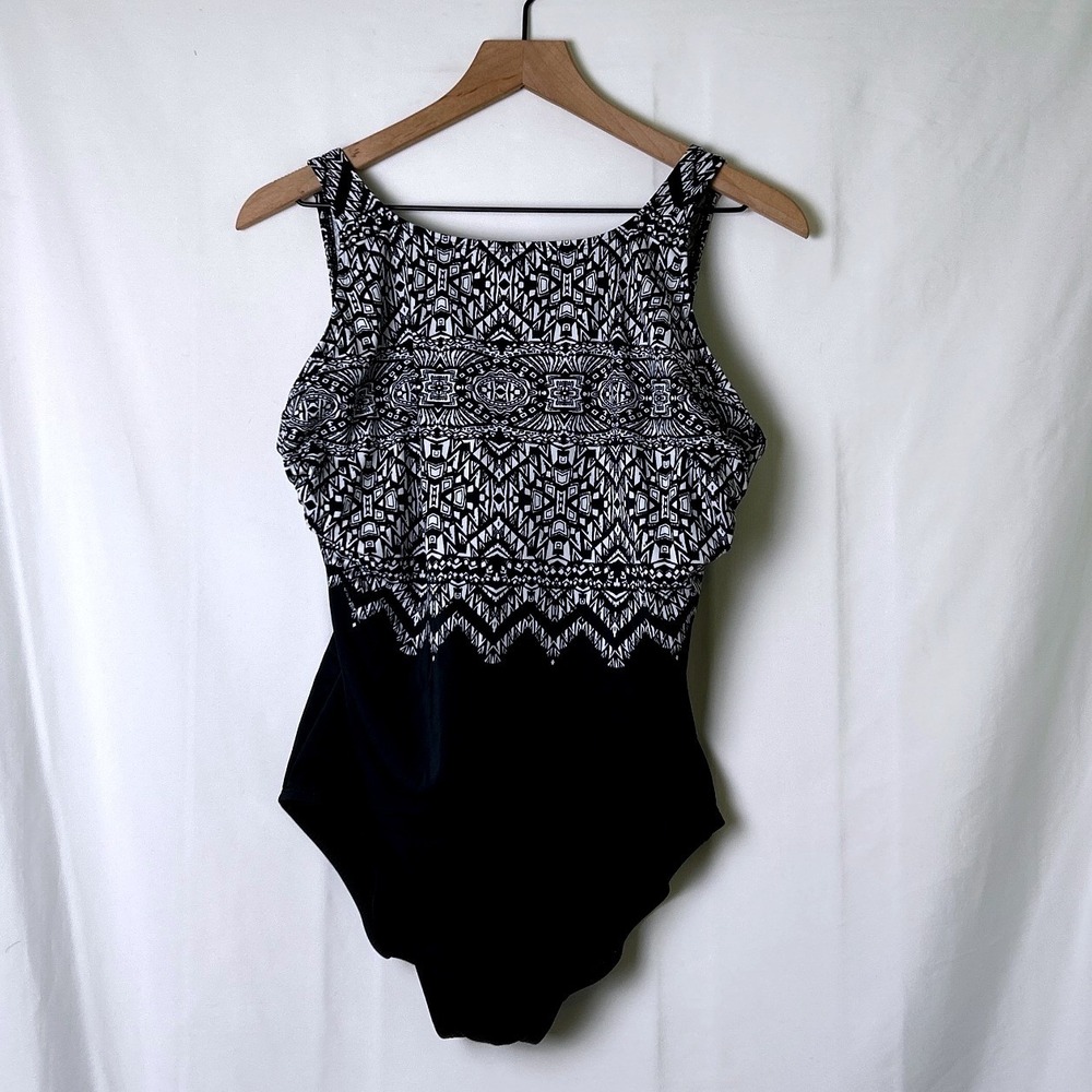 Great Lengths Womens Tribal Geometric One Piece Swimsuit Size 14 Black White